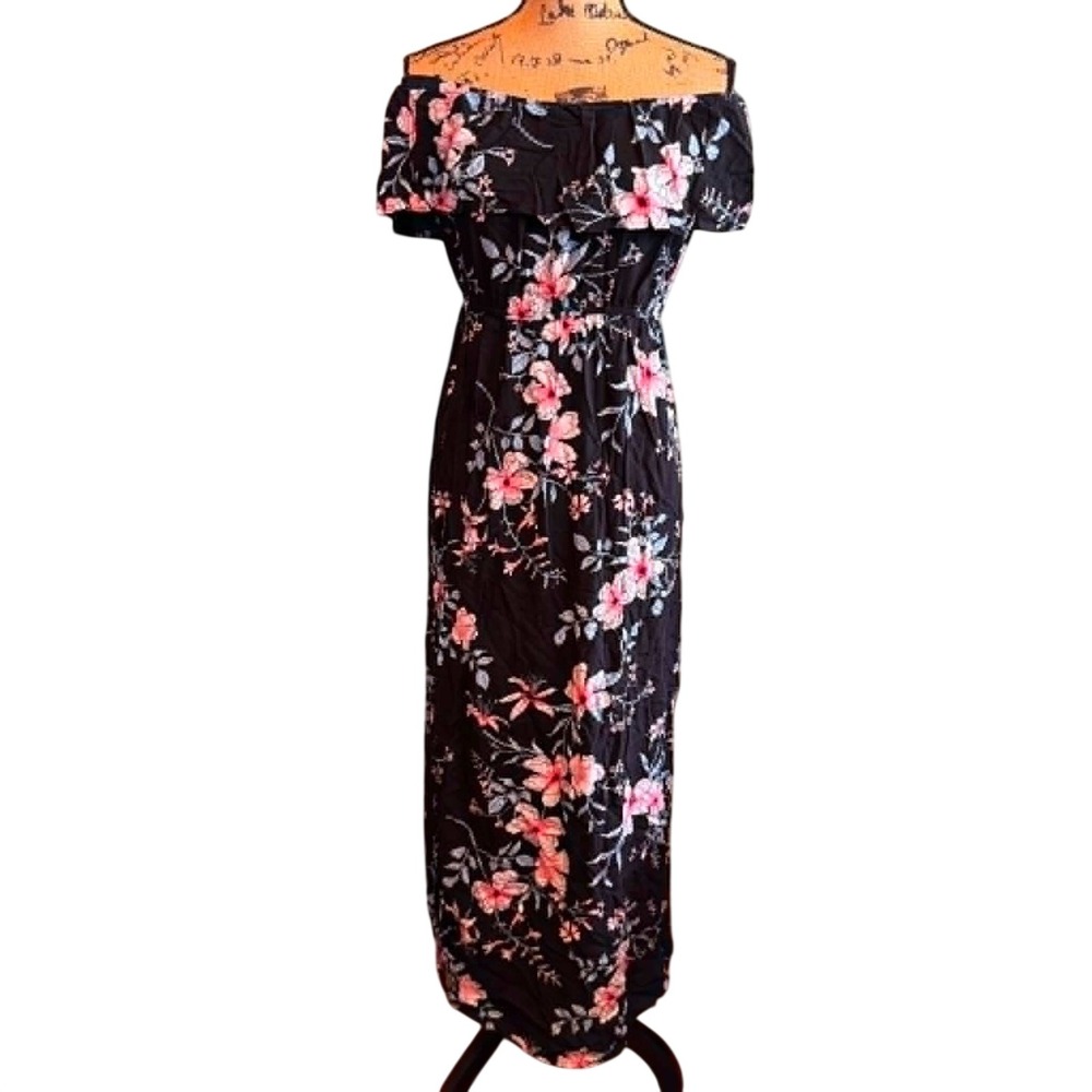 Love J Womens Floral Boho Feminine Resort Off Shoulder Maxi Dress Black Medium